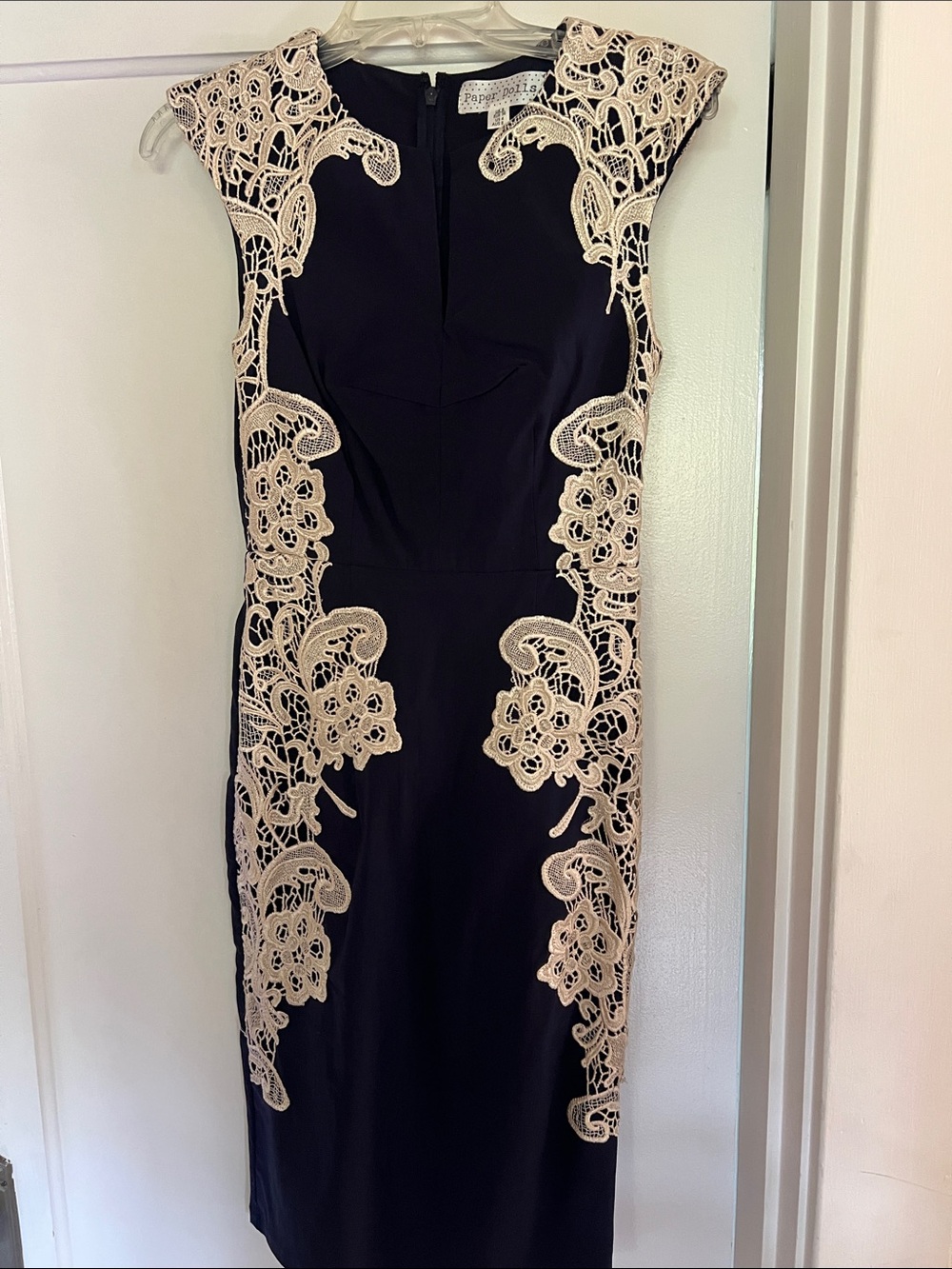 paper doll Navy Midi Sheath Dress with Cream Lace Appliqué